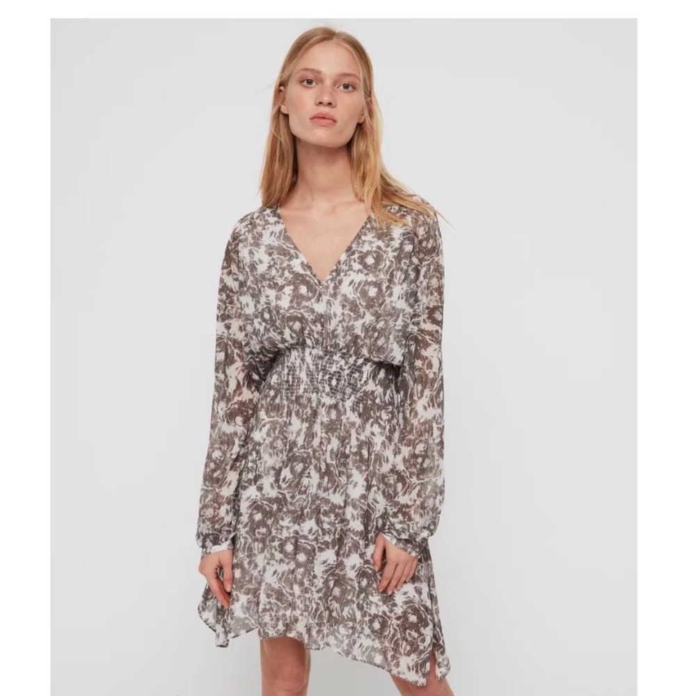 ALLSAINTS Nichola Rosa Mini Dress Grey Floral Smocked‎ Waist V-Neck Large
